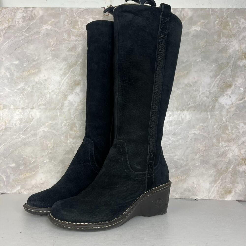UGG Hartley Black Suede Sheepskin Lined Tall Zip-Up Wedge Boots Women's Size 7